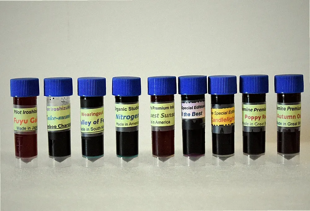 NINE 5ML SAMPLE BOTTLES OF PREMIUM FOUNTAIN PEN INK ~ 45ML of NEW INK ~ #T4559A