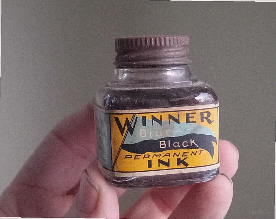 WINNER BLUE BLACK PERMANENT INK WINNER INK CO BOSTON SCARCE LABELED INK BOTTLE